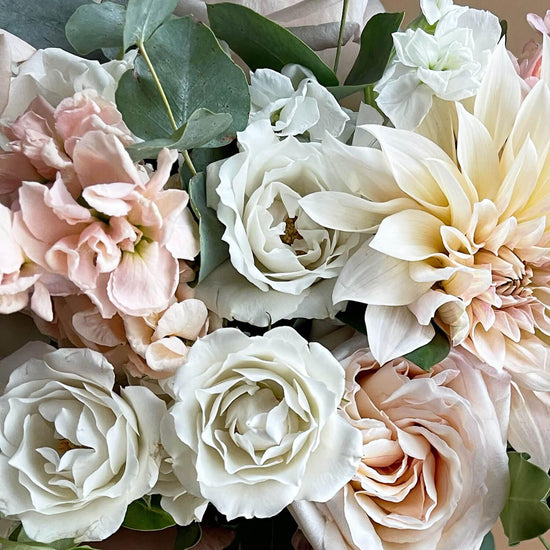 Image of contemporary flower bouquet featuring warm whites with a hint of blush, perfect for elevating romance. Order online for same-day flower delivery from Toronto's best florist, available near you.
