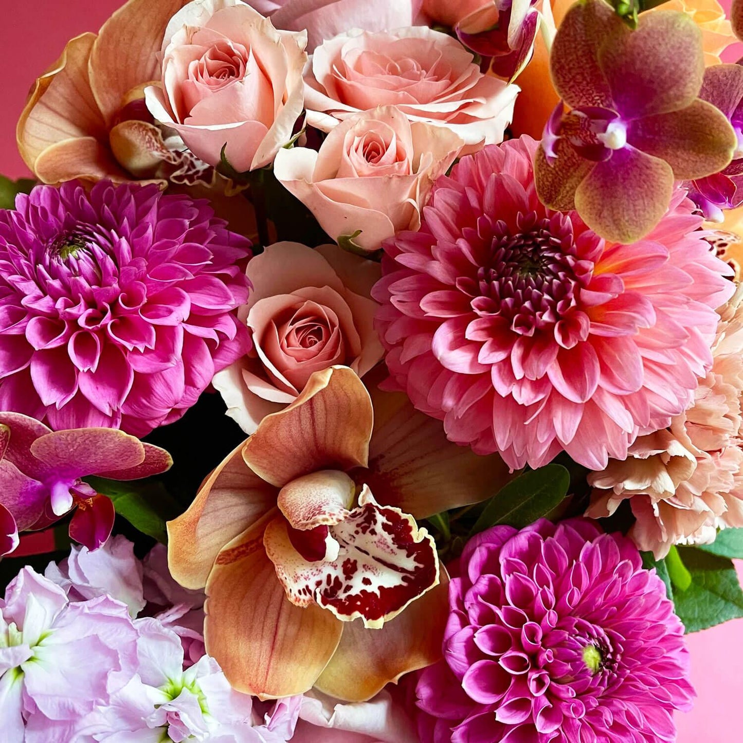 Close-up image of a bouquet featuring radiant colors including pink, orange, and pongee flowers, creating a daring and inspired palette.  Order online for same-day flower delivery from Toronto's best florist, available near you.
