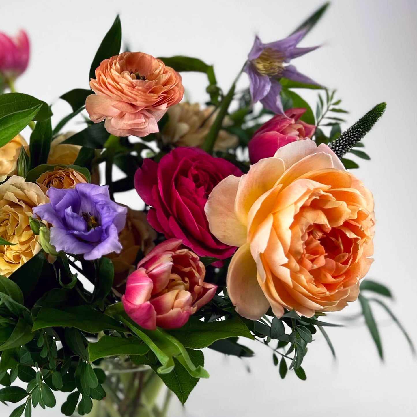 Close-up image of a funny valentines day bouquet with lavender lisianthus, blue clematis, pink, peach, and apricot garden roses, double tulips, apricot ranunculus, and carnations. Order online for same-day flower delivery from Toronto's best florist, available near you.