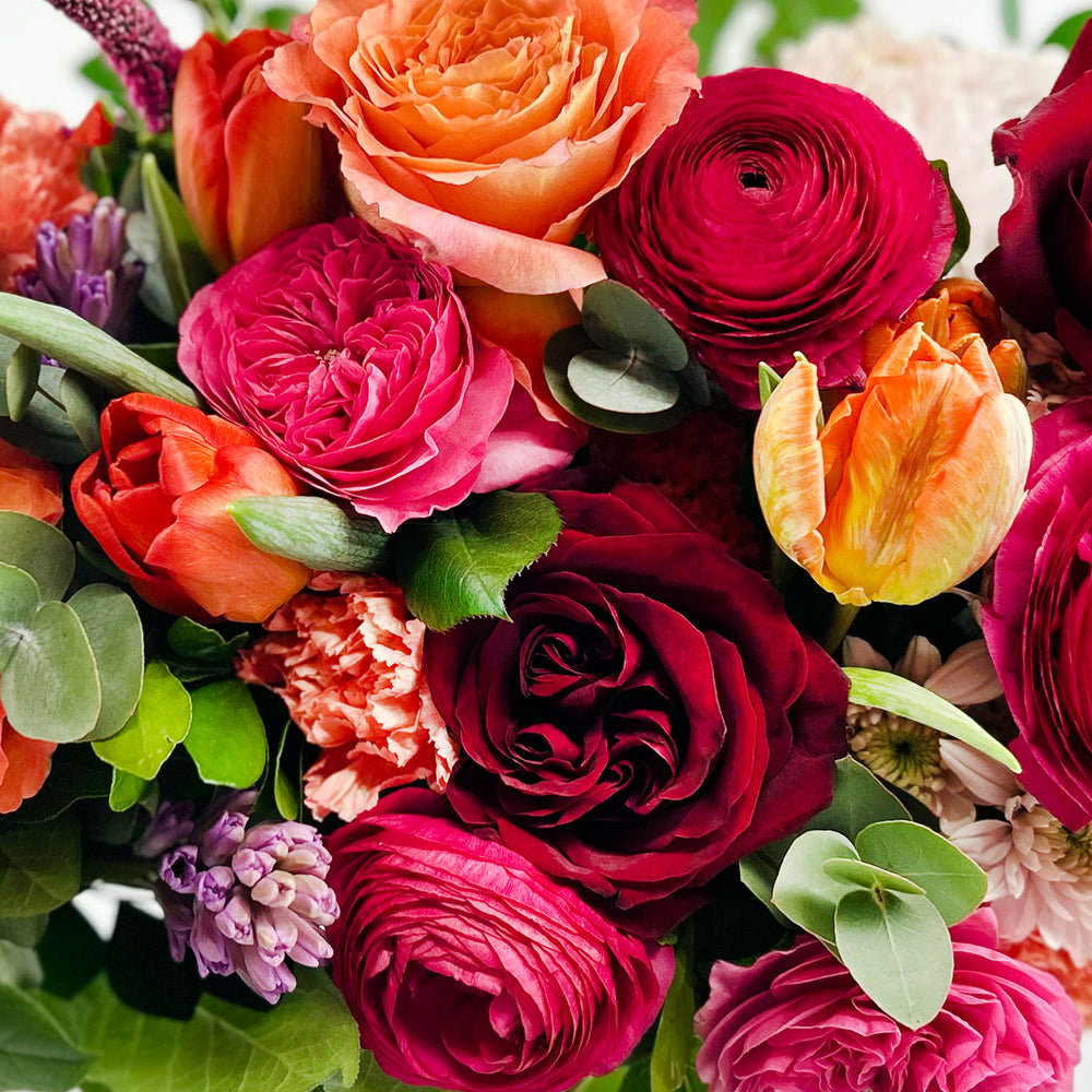 
                      
                        Close-up Image of a daring bouquet featuring spring flowers and roses, including hyacinth, tulips, hot pink ranunculus, veronica, lisianthus, and blush hydrangea. Order online for same-day flower delivery from Toronto's best florist, available near you.
                      
                    