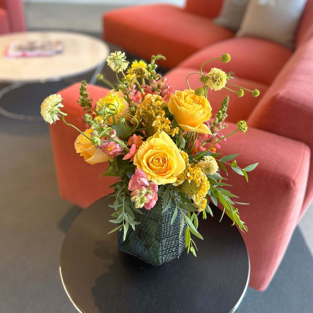 
                      
                        Medium tabletop arrangement in yellow and soft pinks – for a workplace countertop, workplace weeklies for B2B flowers in Toronto, Quince Flowers – Toronto’s best B2B florist, available near you.
                      
                    