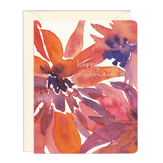 A colorful watercolor painting of flowers on a birthday card with the text ‘happy birthday’ written in elegant cursive.Order online for event items from the best florist in Toronto near you.