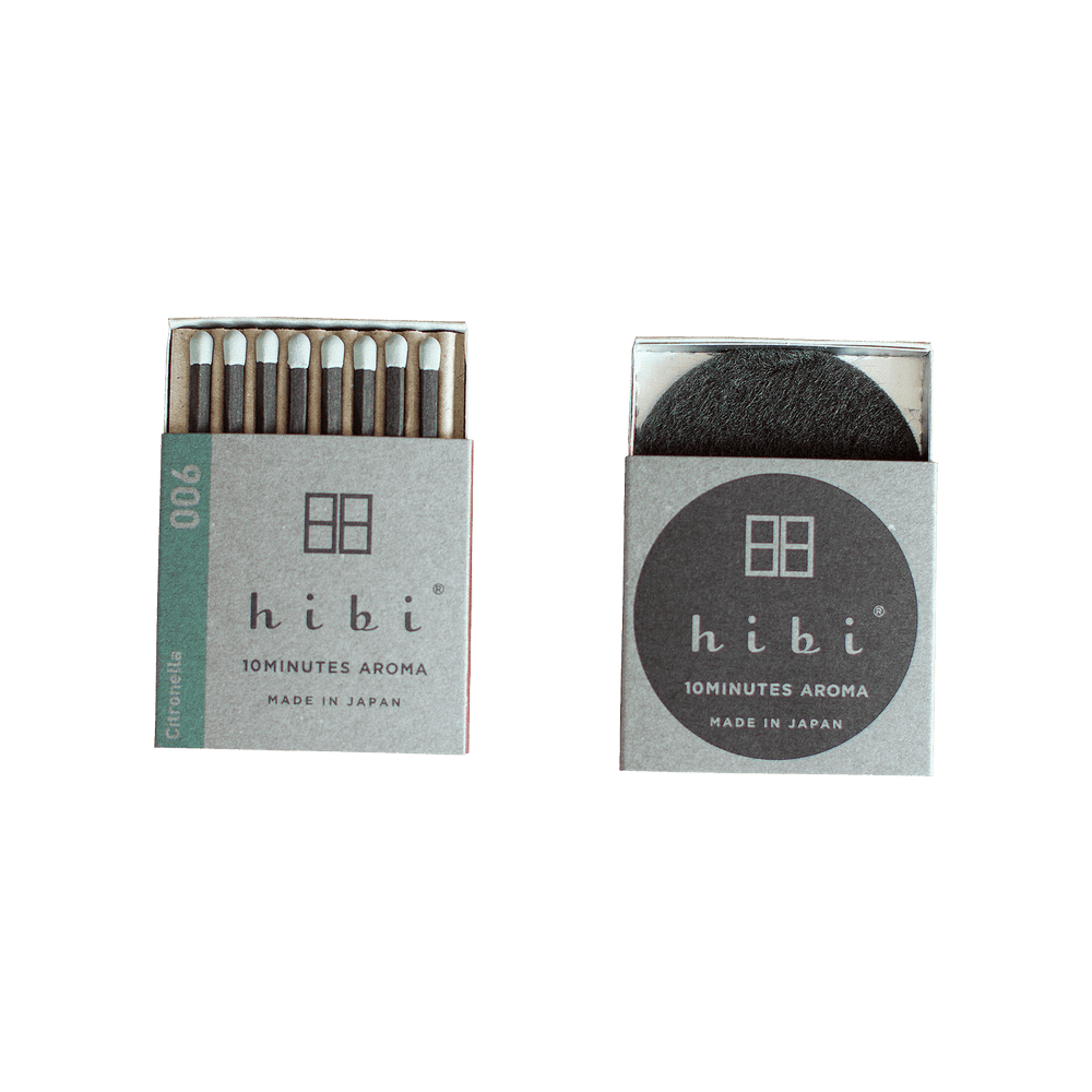 Two boxes of hibi 10 MINUTES AROMA incense sticks, one showing the sticks and the other showing the grey incense pad, both labeled ‘MADE IN JAPAN’. Order online for aromas from the best florist in Toronto near you