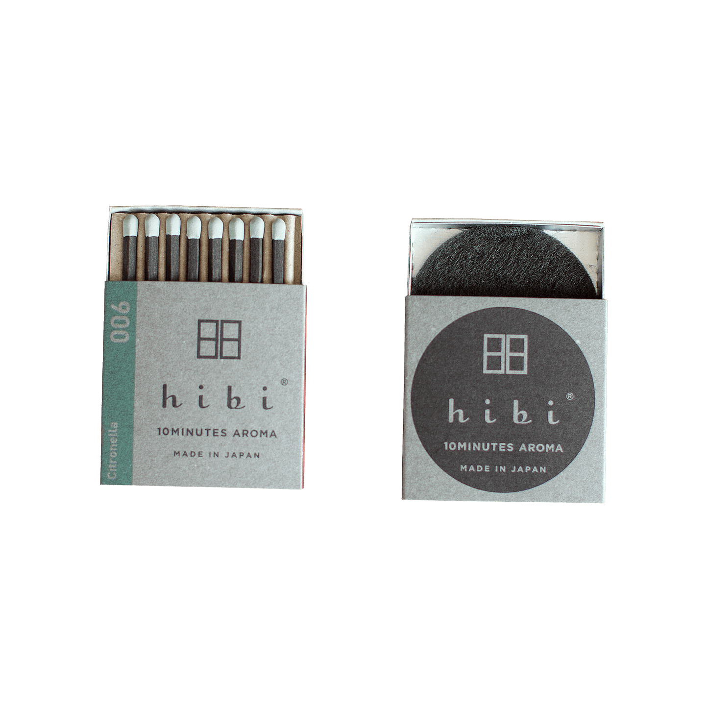 Two boxes of hibi 10 MINUTES AROMA incense sticks, one showing the sticks and the other showing the grey incense pad, both labeled ‘MADE IN JAPAN’. Order online for aromas from the best florist in Toronto near you