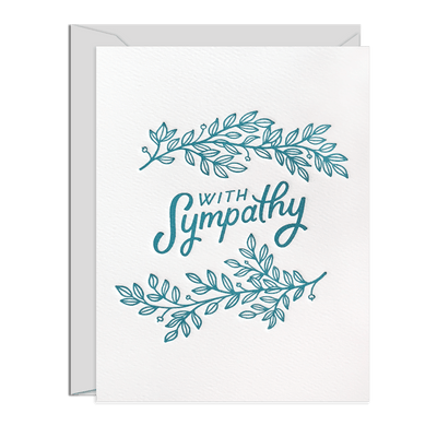 A sympathy card with teal lettering and leaf designs on a white background.Order online for event items from the best florist in Toronto near you.